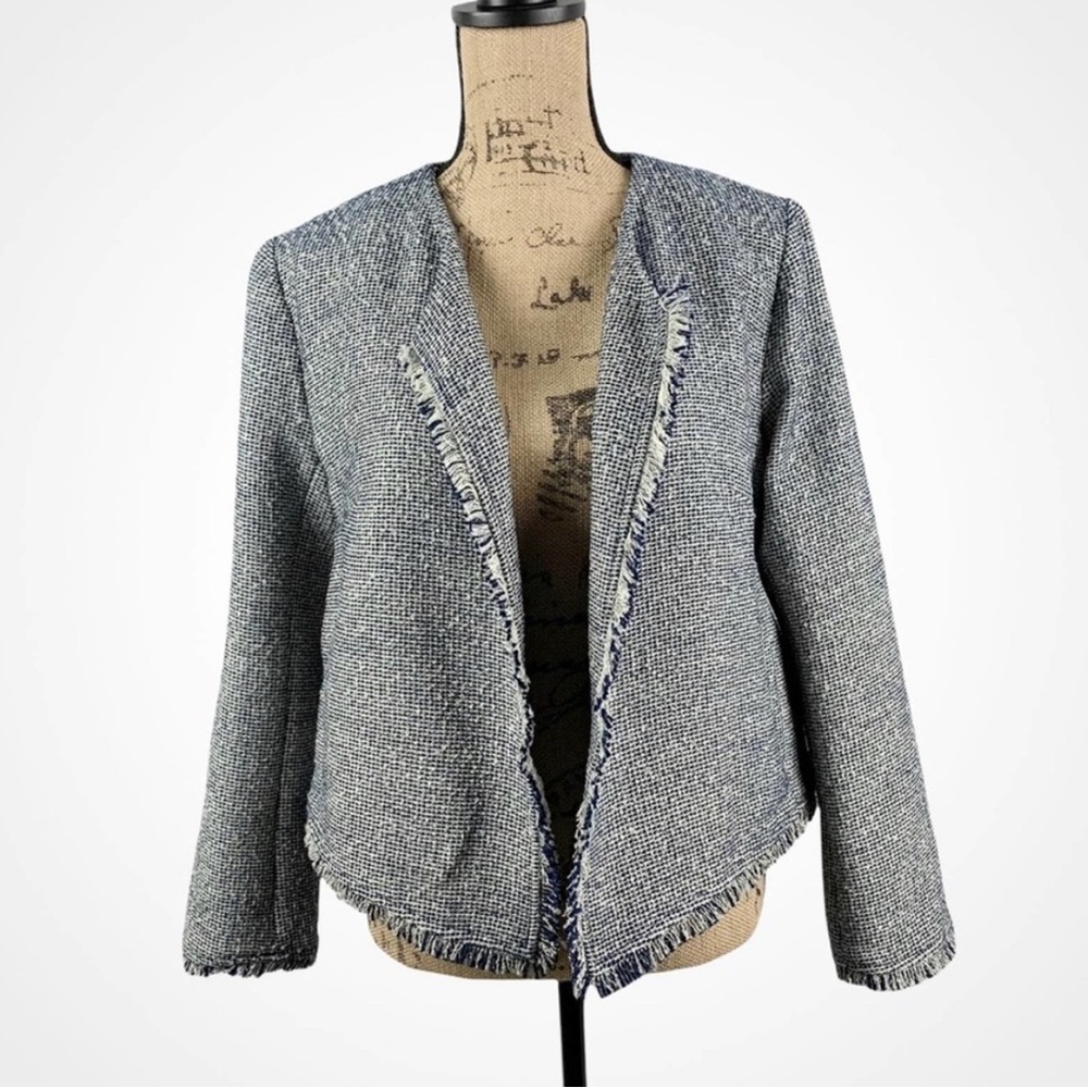 Banana Republic Blue Tweed Open Fringe Jacket Blazer Size 12